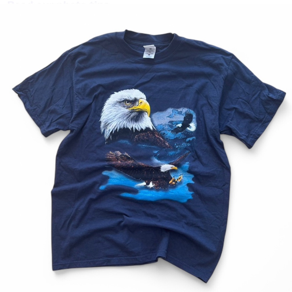 VINTAGE NAVY BLUE EAGLE PRINT SHIRT GOLD LABEL BASICSS - L